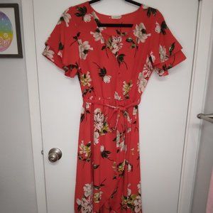 Blushing Heart Red Floral Maxi Wrap Style High Low Front Tie Dress Size M